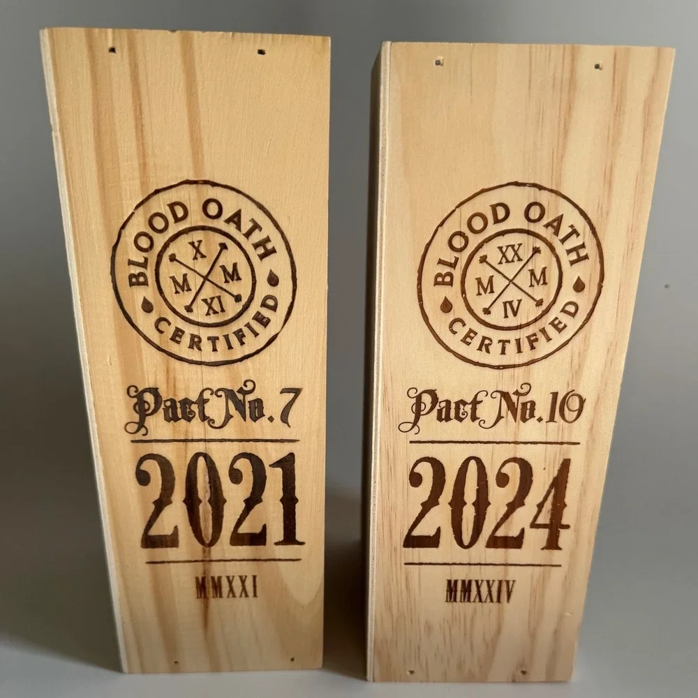Blood Oath Bourbon Empty Bottles Pact No 7 and 10 with Wooden Display Boxes 2pk